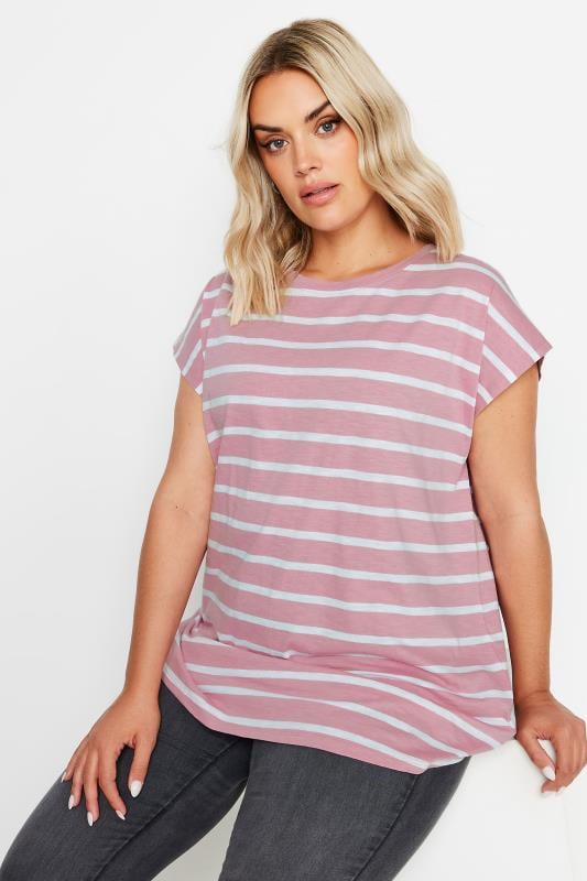 YOURS Plus Size Pink Stripe Grown On Sleeve T-Shirt | Yours Clothing  1