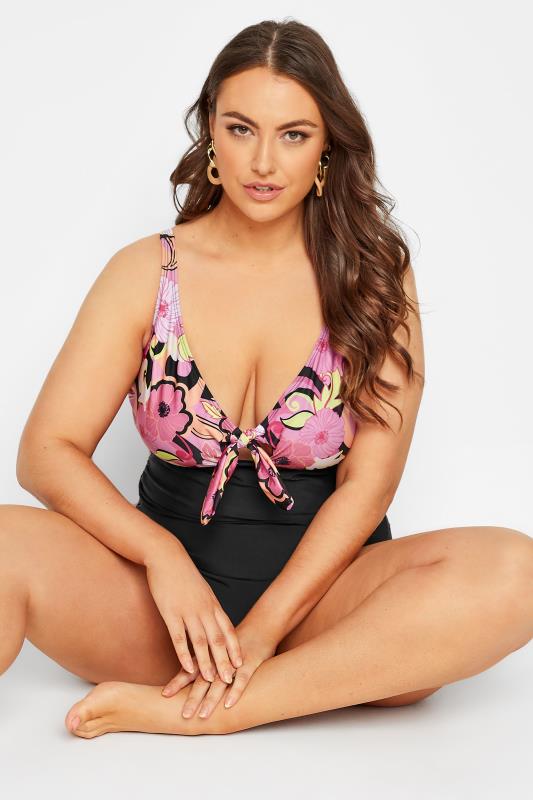 Plus Size Black Retro Floral Bow Tummy Control Swimsuit | Yours Clothing 4