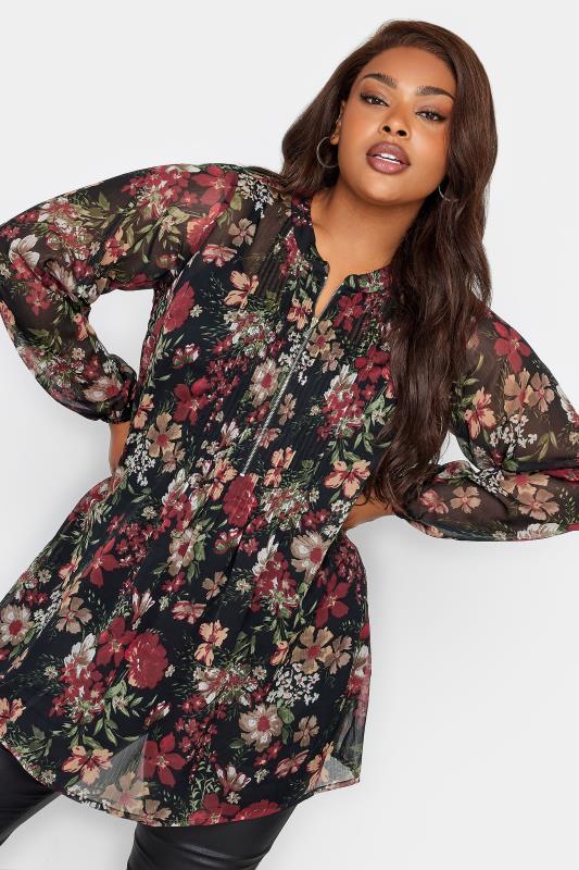 YOURS LONDON Plus Size Black Floral Print Zip Front Top | Yours Clothing 1