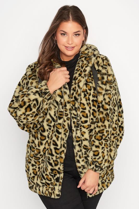 Plus Size  Curve Brown Leopard Print Faux Fur Jacket