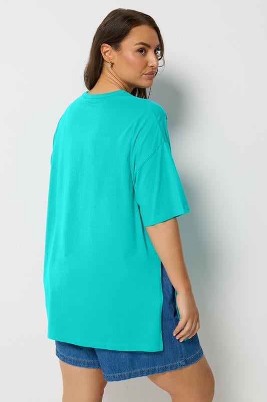 YOURS Plus Size Turquoise Side Split Longline Side T-Shirt | Yours Clothing 2