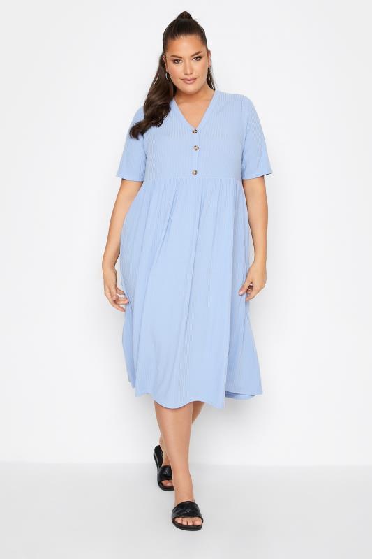 Plus Size  LIMITED COLLECTION Curve Light Blue Ribbed Peplum Midi Dress