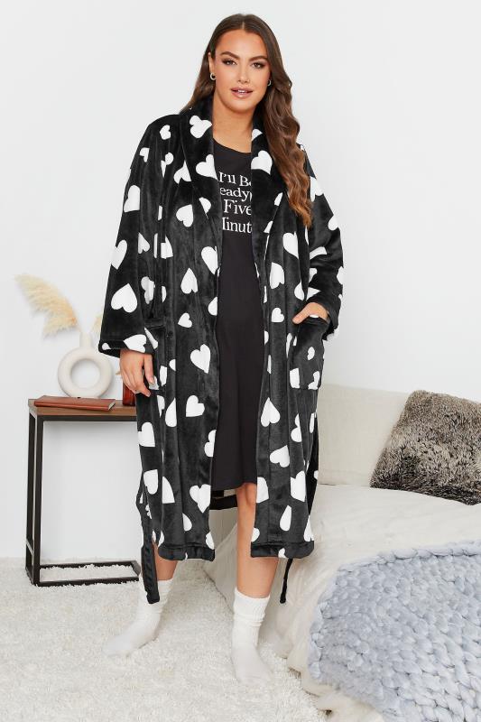 Curve Black Love Heart Dressing Gown | Yours Clothing 2