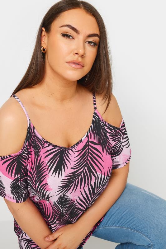 YOURS Plus Size Pink Tropical Print Cold Shoulder Top | Yours Clothing 4