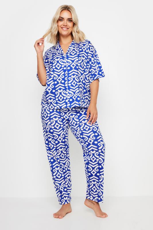 YOURS Plus Size Blue Ikat Print Button Through Pyjama Set | Your Clothing 3