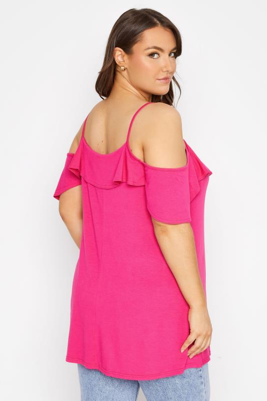 Plus Size Hot Pink Frill Cold Shoulder Top | Yours Clothing 3