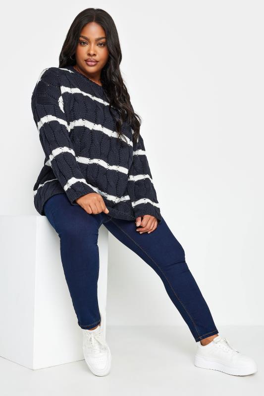 YOURS Plus Size Navy Blue Stripe Cable Knit Jumper | Yours Clothing