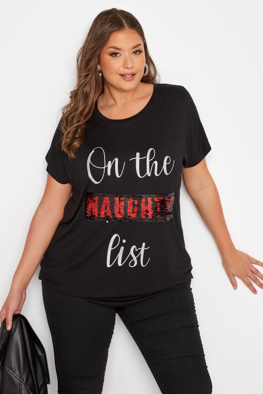 Curve Black 'On The Nice List' Sequin Embellished Christmas T-Shirt | Yours Clothing 5
