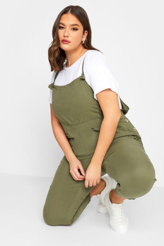 LIMITED COLLECTION Plus Size Curve Khaki Green Pocket Dungarees | Yours Clothing  4