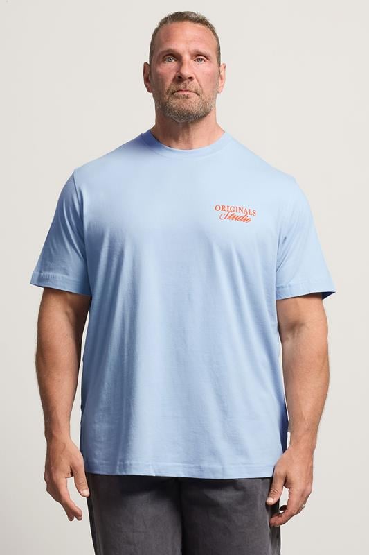  JACK & JONES T-shirt à col rond bleu clair à imprimé graphique au dos Big & Tall