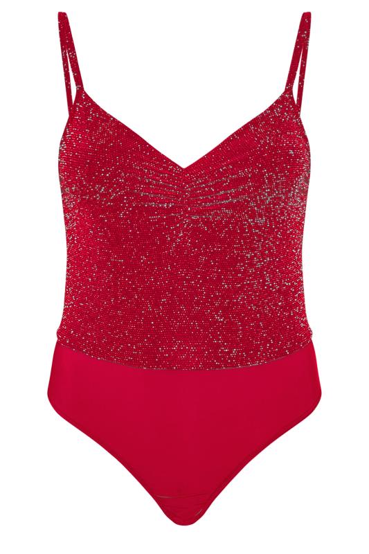 LIMITED COLLECTION Curve Burgundy Red Glitter Ruched Bodysuit | Yours Clothing 6