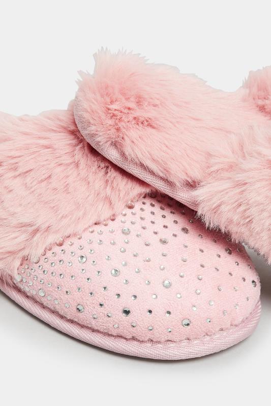 Pink Diamante Faux Fur Slippers In Wide E Fit | Yours Clothing 5