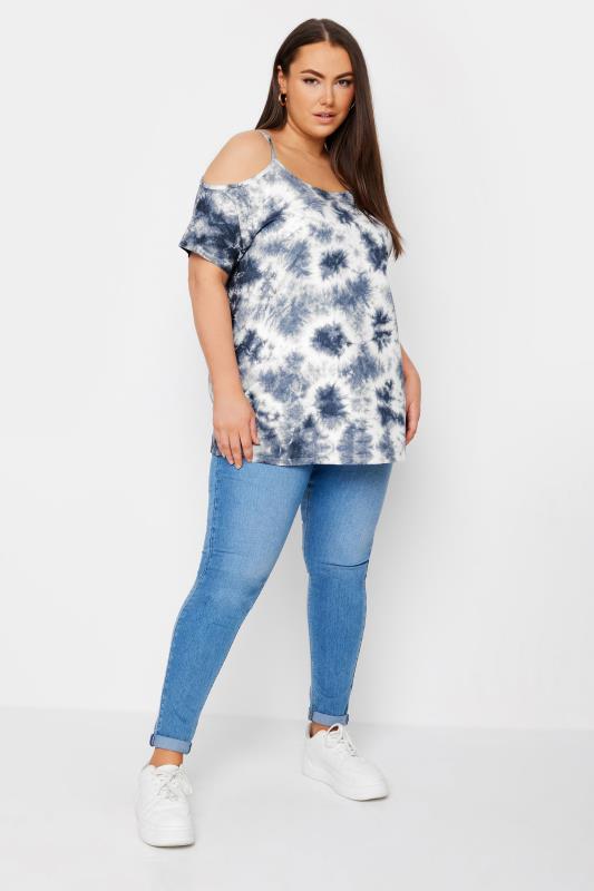 YOURS Plus Size Blue Tie Dye Cold Shoulder Top | Yours Clothing 2