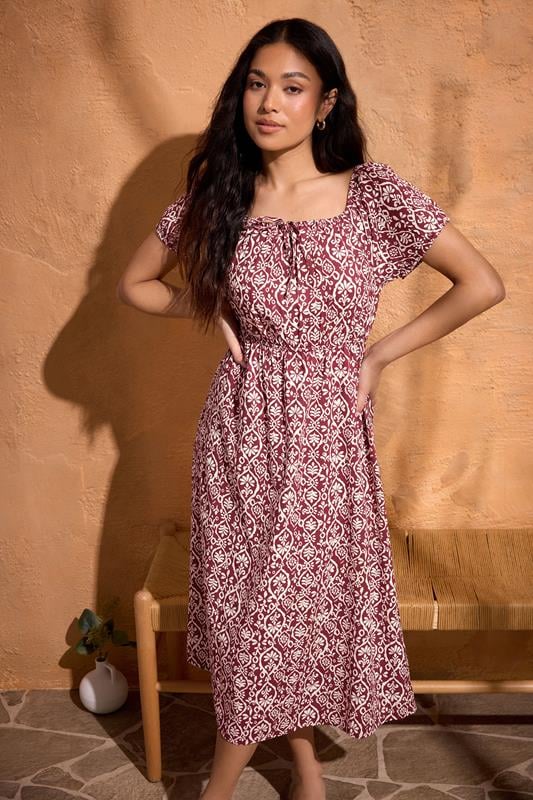  M&Co Petite Red Abstract Tie Neck Midi Dress