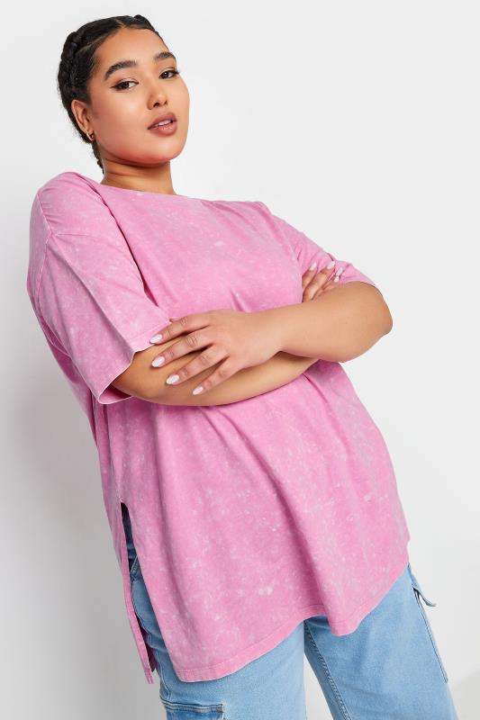 YOURS Plus Size Pink Acid Wash Split Hem Oversized T-Shirt | Yours Clothing 1
