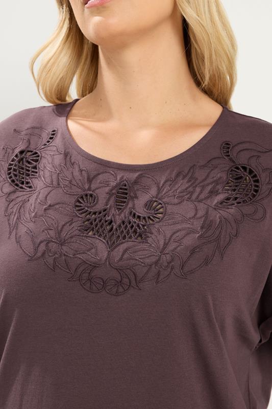 YOURS Plus Size Brown Broderie Anglaise Grown On Sleeve T-Shirt | Yours Clothing 4