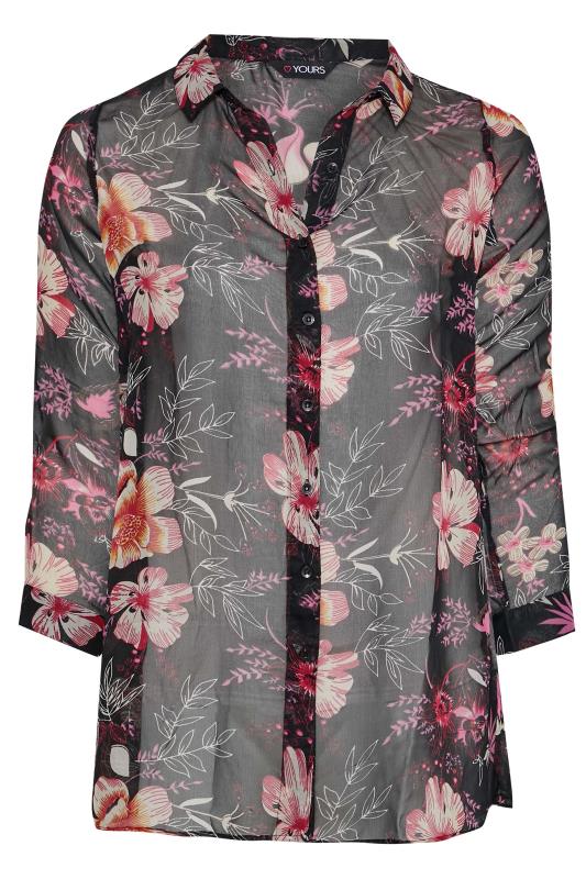 Plus Size  Curve Black & Pink Floral Print Button Through Shirt
