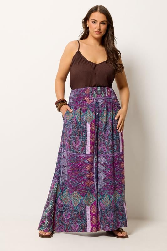 YOURS Plus Size Purple Paisley Shirred Waist Trousers | Yours Clothing 2