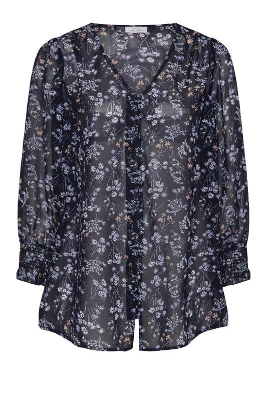 YOURS LONDON Curve Navy Blue Floral Print Balloon Sleeve Blouse_F.jpg