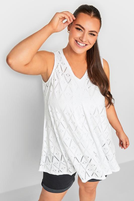 Plus Size  YOURS Curve White Broderie Anglaise Pleated Vest Top