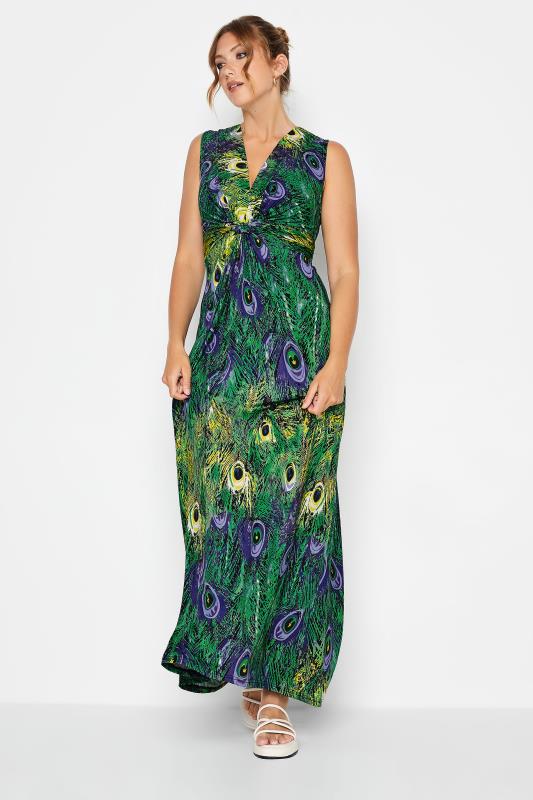 LTS Tall Women's Green Peacock Print V-Neck Knot Front Maxi Dress | Long Tall Sally 1