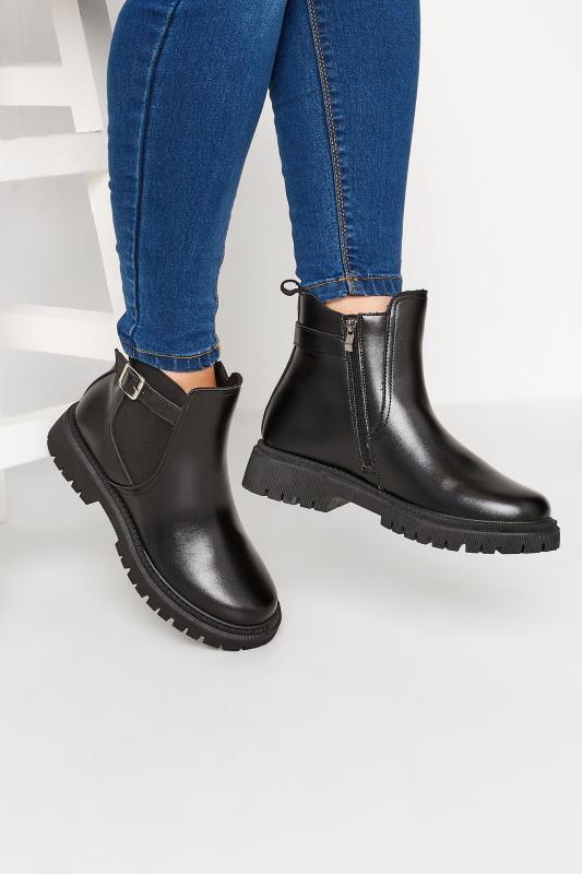  Black Chunky Buckle Ankle Boots In Extra Wide EEE Fit
