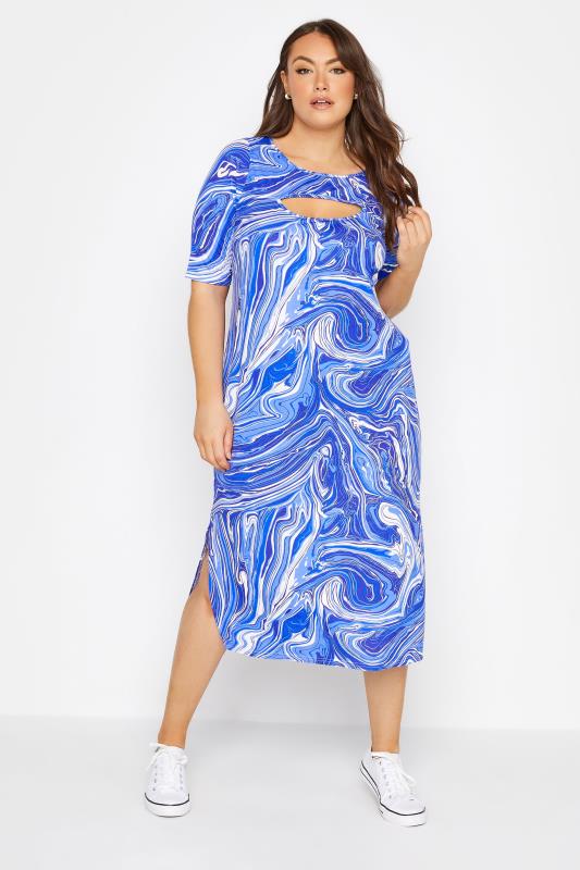 Plus Size Blue Marble Print Cut Out T-Shirt Dress | Yours Clothing  1