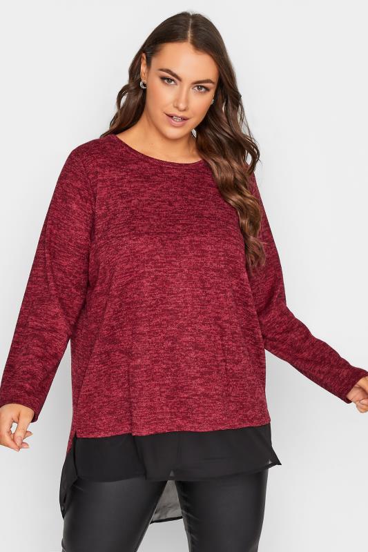 Plus Size Red Mesh Hem Soft Touch Top | Yours Clothing 1