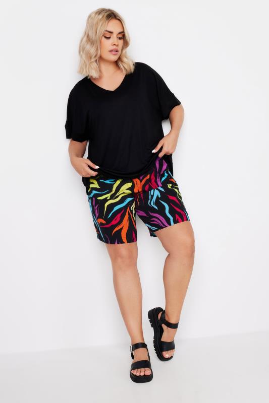YOURS Plus Size Black Rainbow Zebra Print Paperbag Shorts | Yours Clothing 1