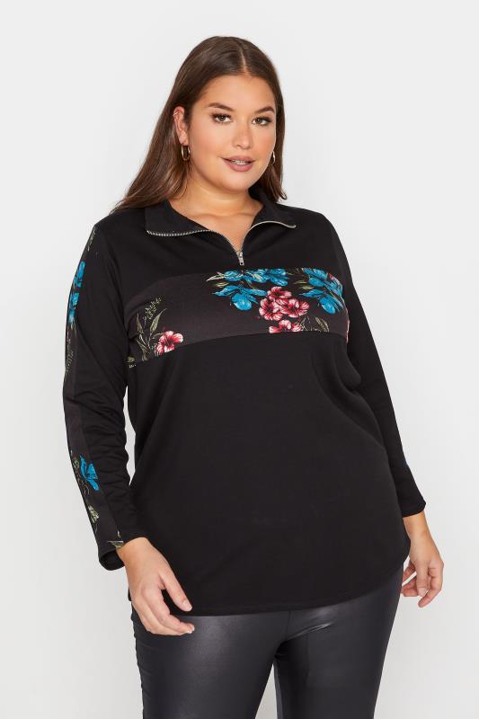 Plus Size Black Floral Panel Zip Sweatshirt | Yours Clothing 1