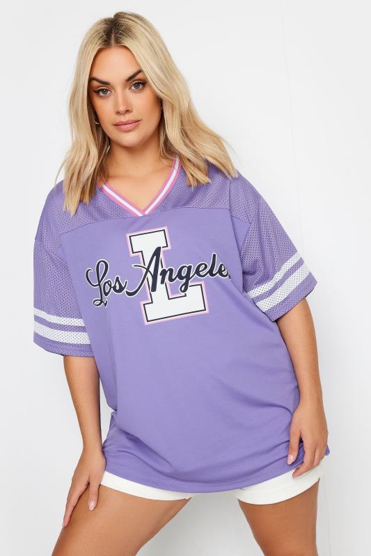 YOURS Plus Size Purple 'Los Angeles' Slogan Varsity T-Shirt | Yours Clothing 2