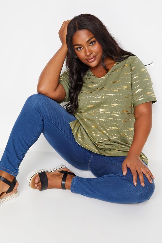 YOURS Plus Size Khaki Green Foil Print Top | Yours Clothing 2