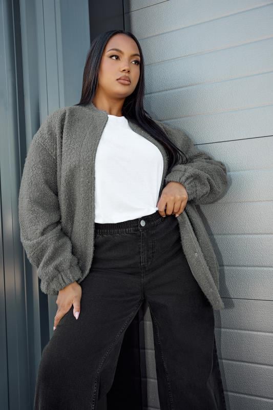 YOURS Plus Size Grey Boucle Bomber Jacket | Yours Clothing 1