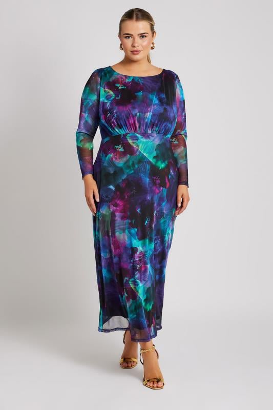 YOURS LONDON Plus Size Purple Blur Floral Print Mesh Maxi Dress | Yours Clothing  3