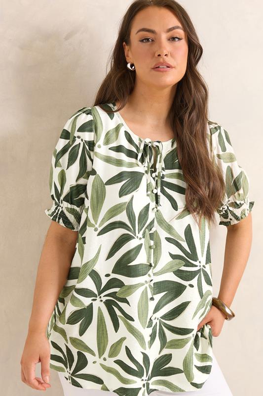 EVANS Plus Size Green Leaf Print Tie Neck Blouse | Evans 2