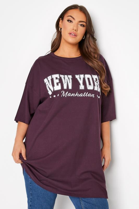  Tallas Grandes YOURS Curve Purple 'New York' Slogan Oversized Tunic T-Shirt Dress