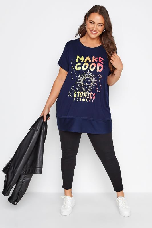 Plus Size Navy Blue 'Make Good Stories' Slogan T-Shirt | Yours Clothing  2