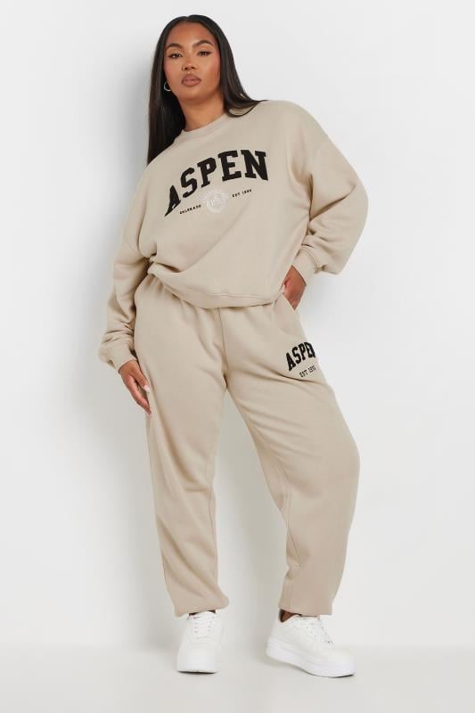 YOURS Plus Size Stone Brown 'Aspen' Slogan Joggers | Yours Clothing  2