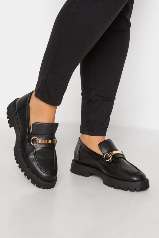 LIMITED COLLECTION Black & Gold Hardware Chunky Loafers In Wide E Fit | Yours Clothing 1