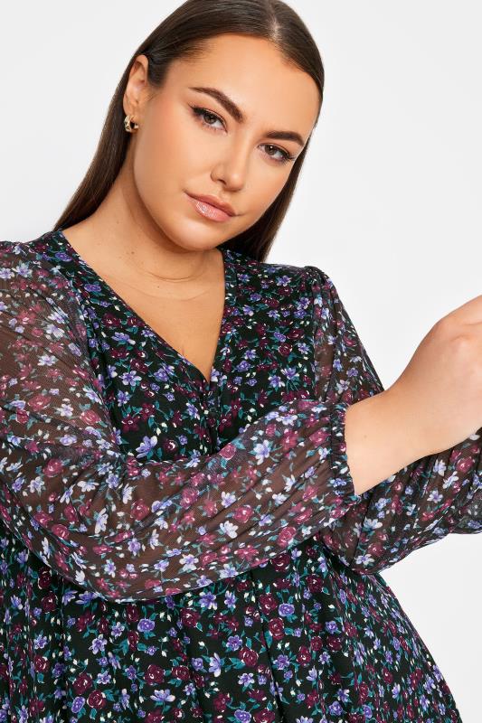 YOURS Plus Size Blue Floral Print Mesh Sleeve Top | Yours Clothing 4