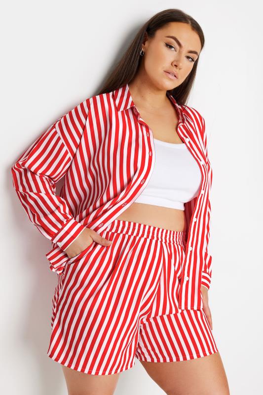 YOURS Plus Size Red Stripe Print Shorts | Yours Clothing 1