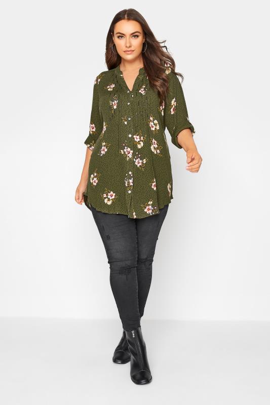 Plus Size Khaki Green Floral Pinktuck Blouse | Yours Clothing 2
