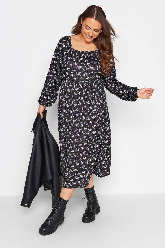 LIMITED COLLECTION Curve Black & Purple Ditsy Print Smock Dress 1
