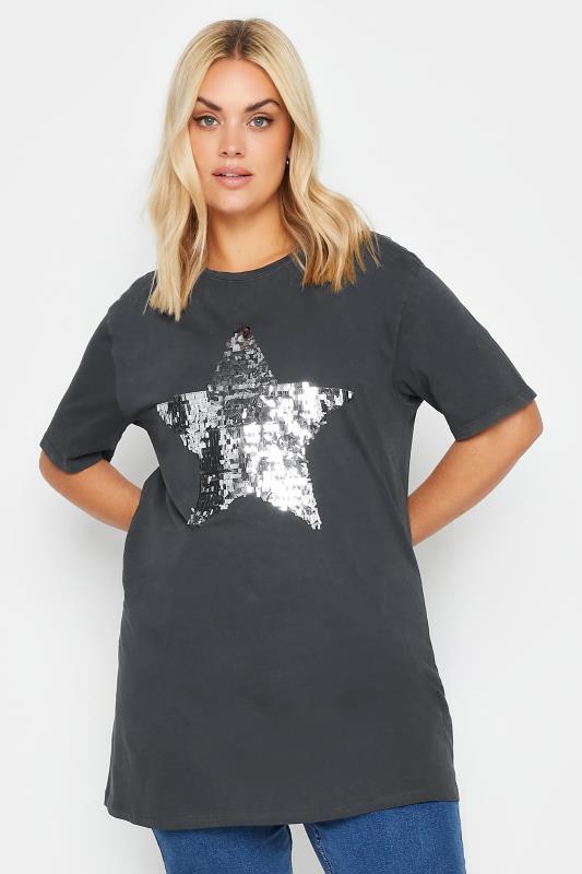 YOURS Plus Size Grey Sequin Star Top | Yours Clothing 1