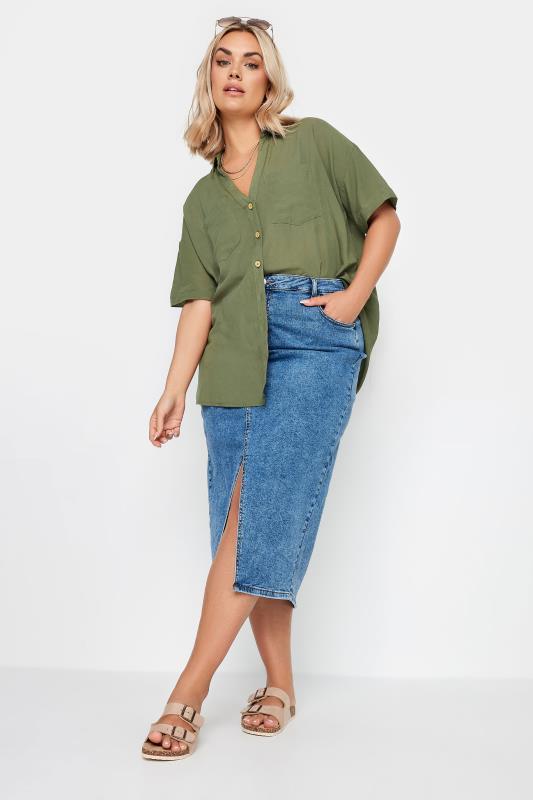 YOURS Plus Size Khaki Green Linen Shirt | Yours Clothing 4