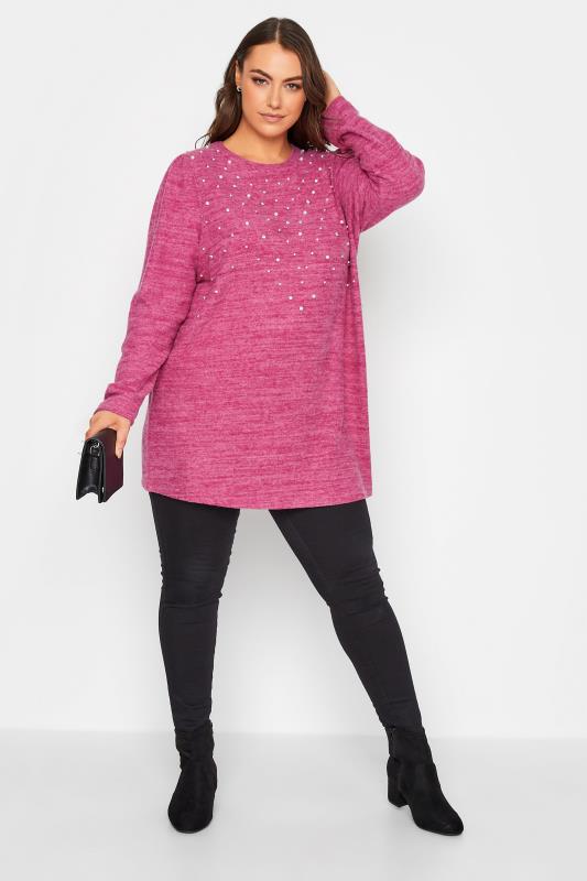 Plus Size Pink Pearl Embellished Soft Touch Top | Yours Clothing 2