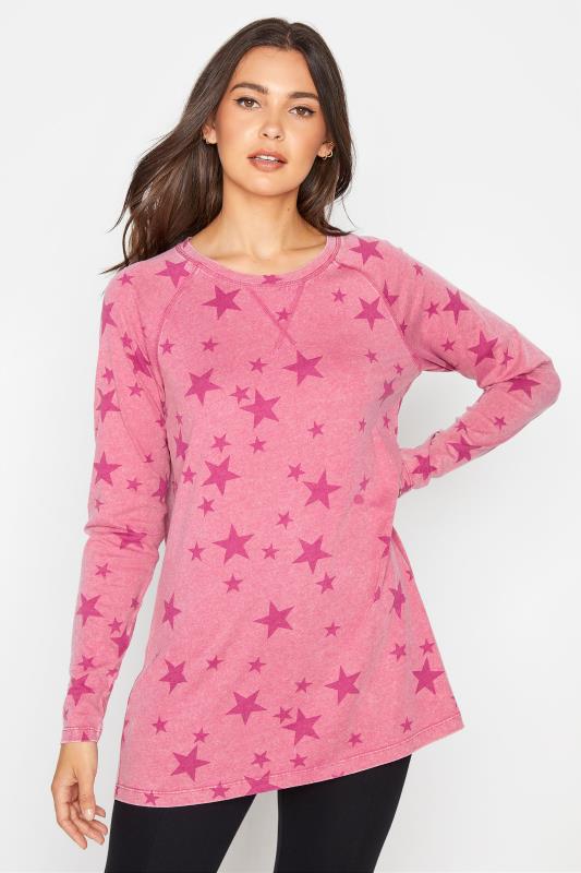 LTS Tall Pink Star Print Acid Wash T-Shirt 1