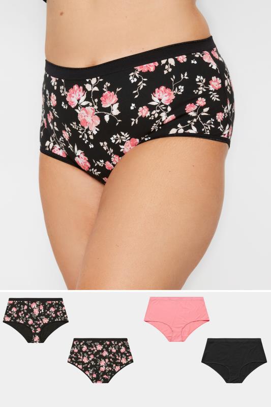 Plus Size  YOURS 5 PACK Curve Black & Pink Floral Print Full Briefs