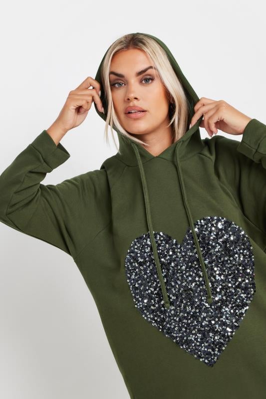 YOURS Plus Size Khaki Green Sequin Embellished Heart Hoodie Dress | Yours Clothing  2