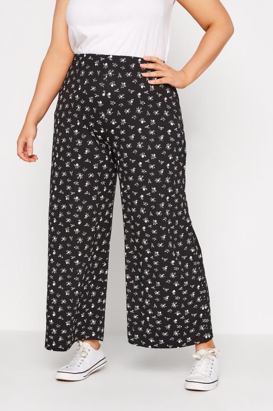 Plus Size Black Ditsy Floral Wide Leg Trousers | Yours Clothing 1